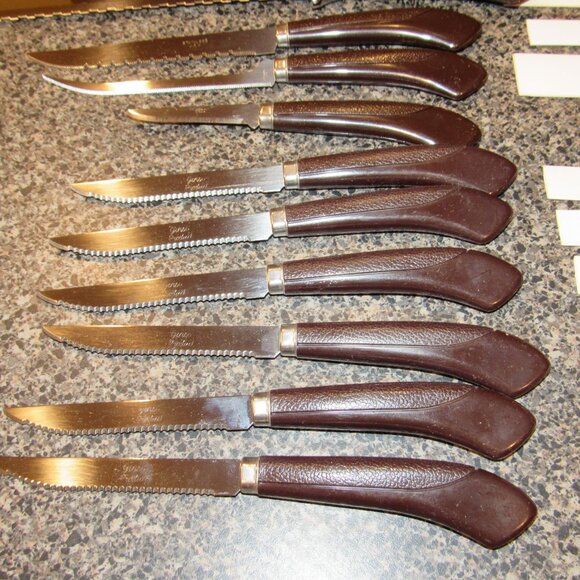 Set of 10 Vintage Ginsu Stainless Serrated Knife Knives USA Brown Handle Steak - Picture 3 of 6
